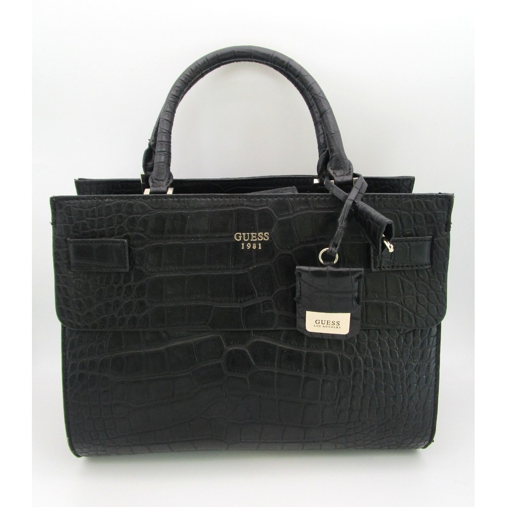 GUESS Cate Satchel Bag Handbag Black Croc Embossed Purse with Bag Charms